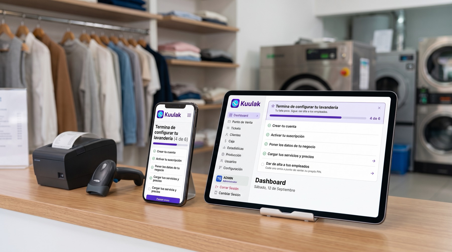 Kuulak funcionando en el mostrador de una lavandería: el punto de venta abierto en una tablet y en un celular, junto a una impresora térmica de tickets.